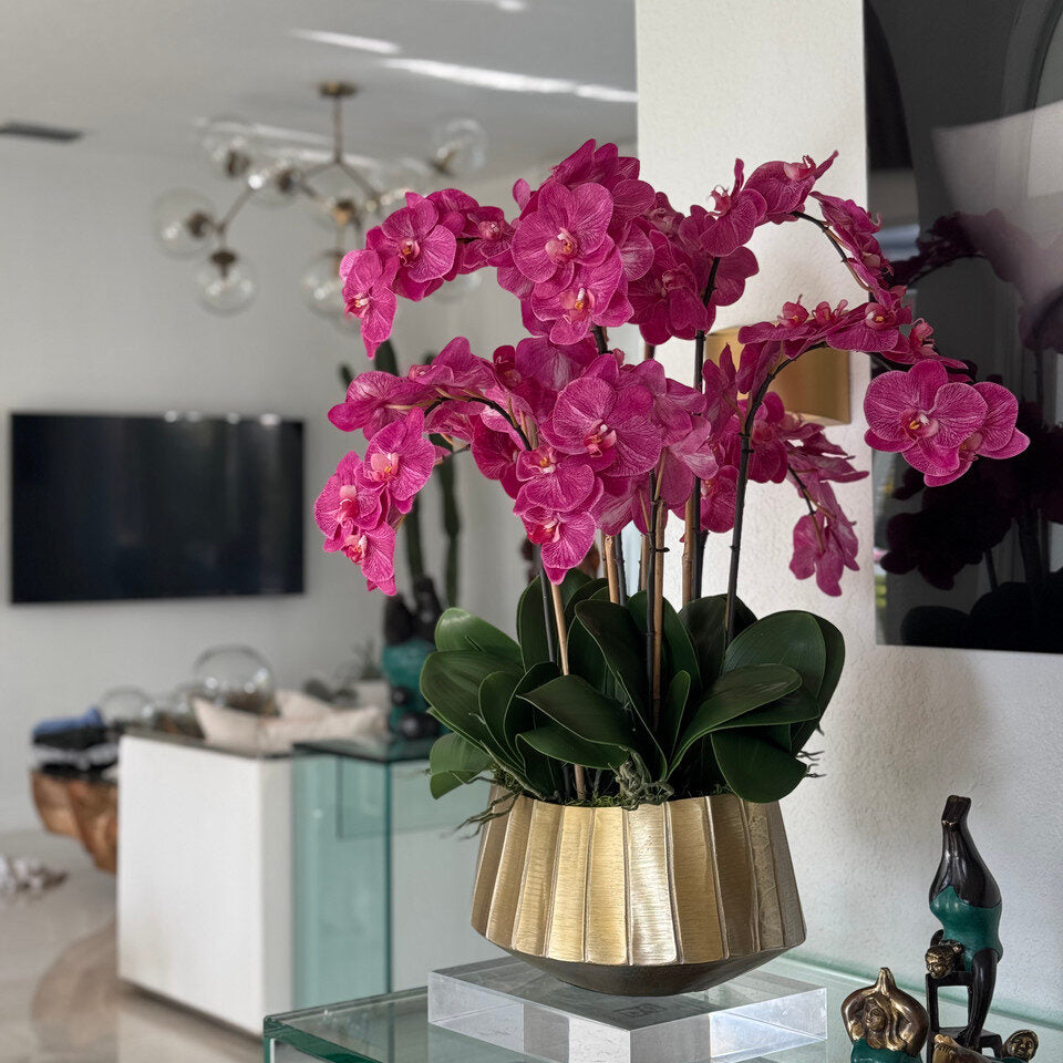 Large Polished Gold Visage Vase with Orchids