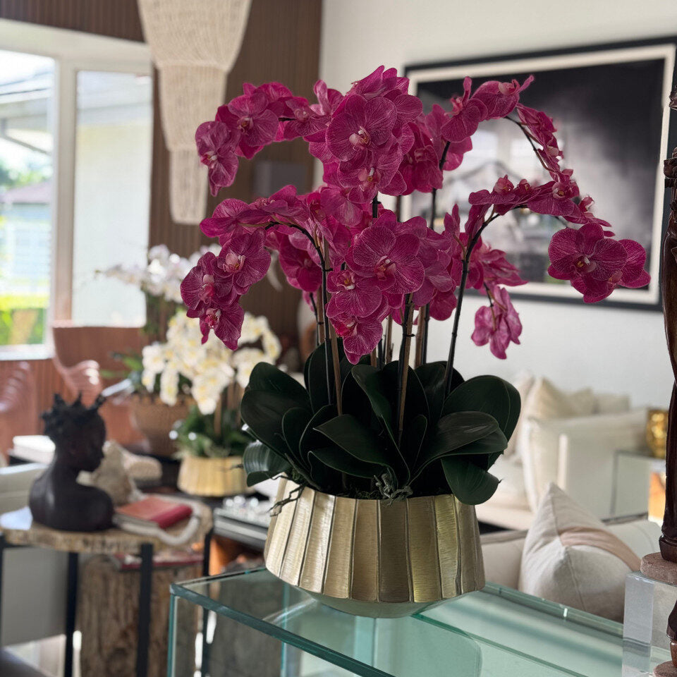 Large Polished Gold Visage Vase with Orchids