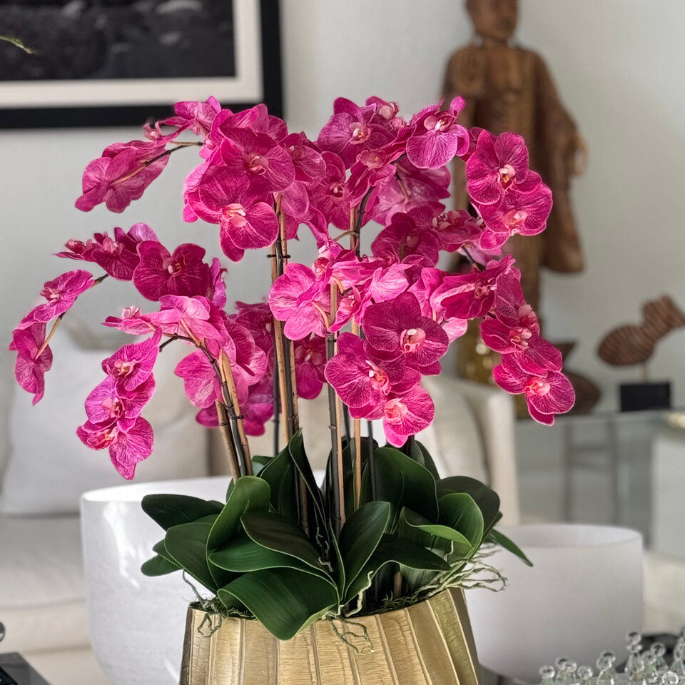 Large Polished Gold Visage Vase with Orchids