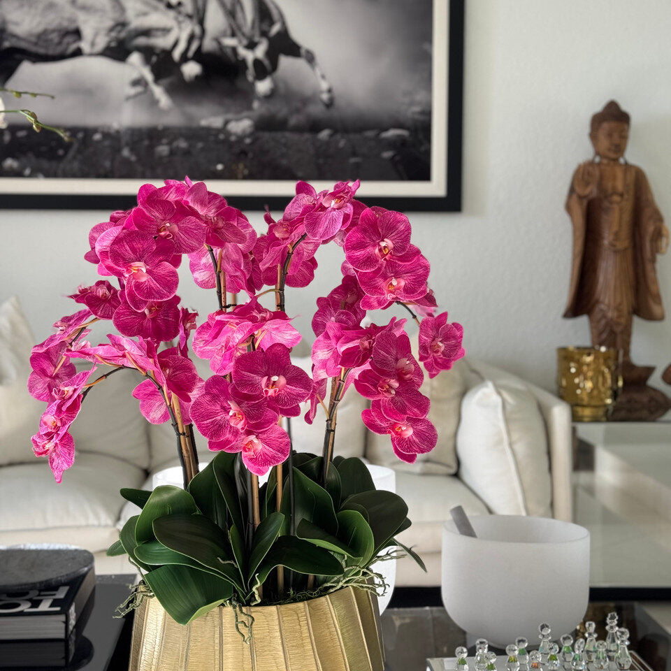 Large Polished Gold Visage Vase with Orchids
