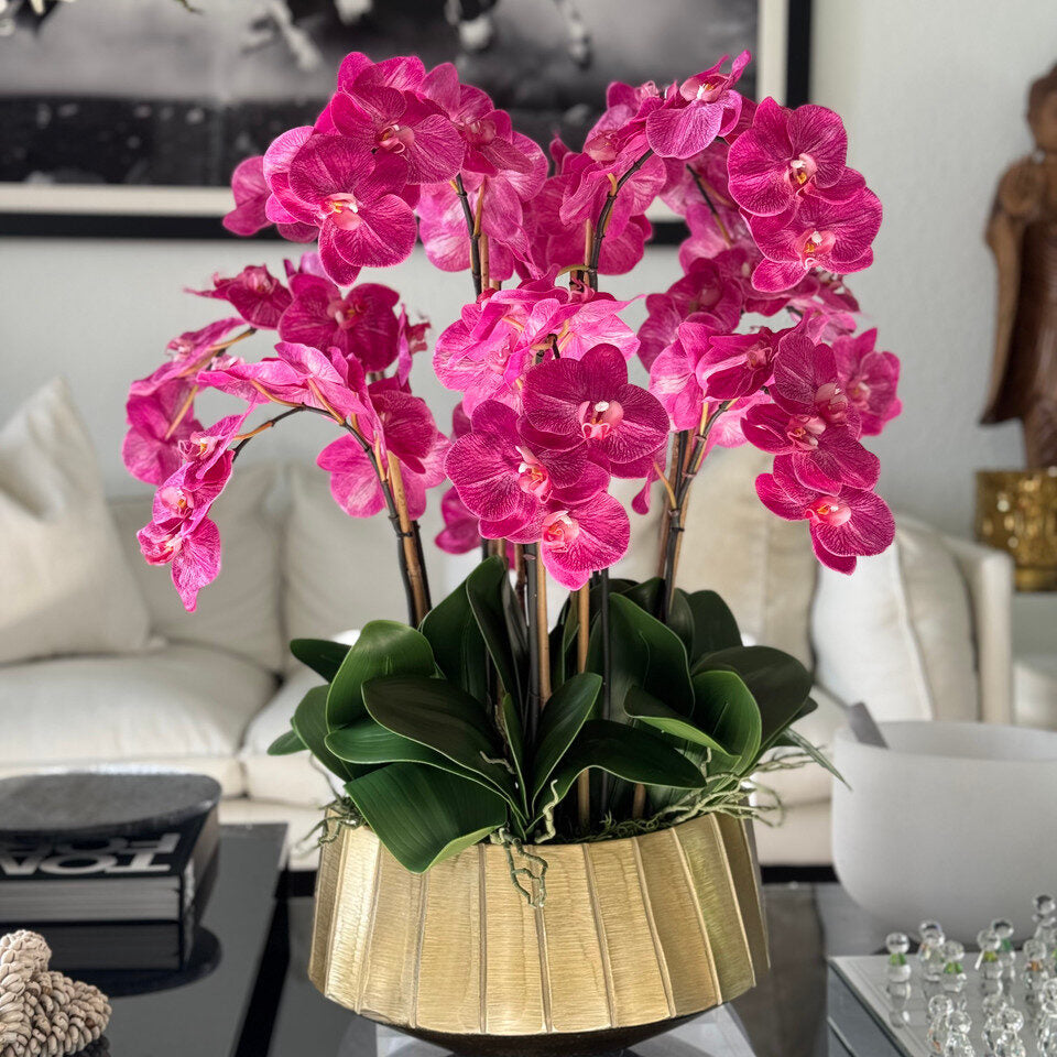 Large Polished Gold Visage Vase with Orchids