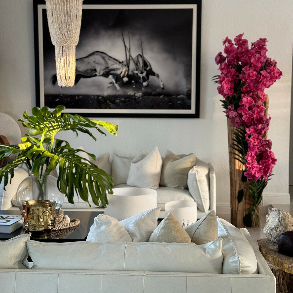 Large Live Edge Teak Vase with Vanda Orchids (White / Pink)