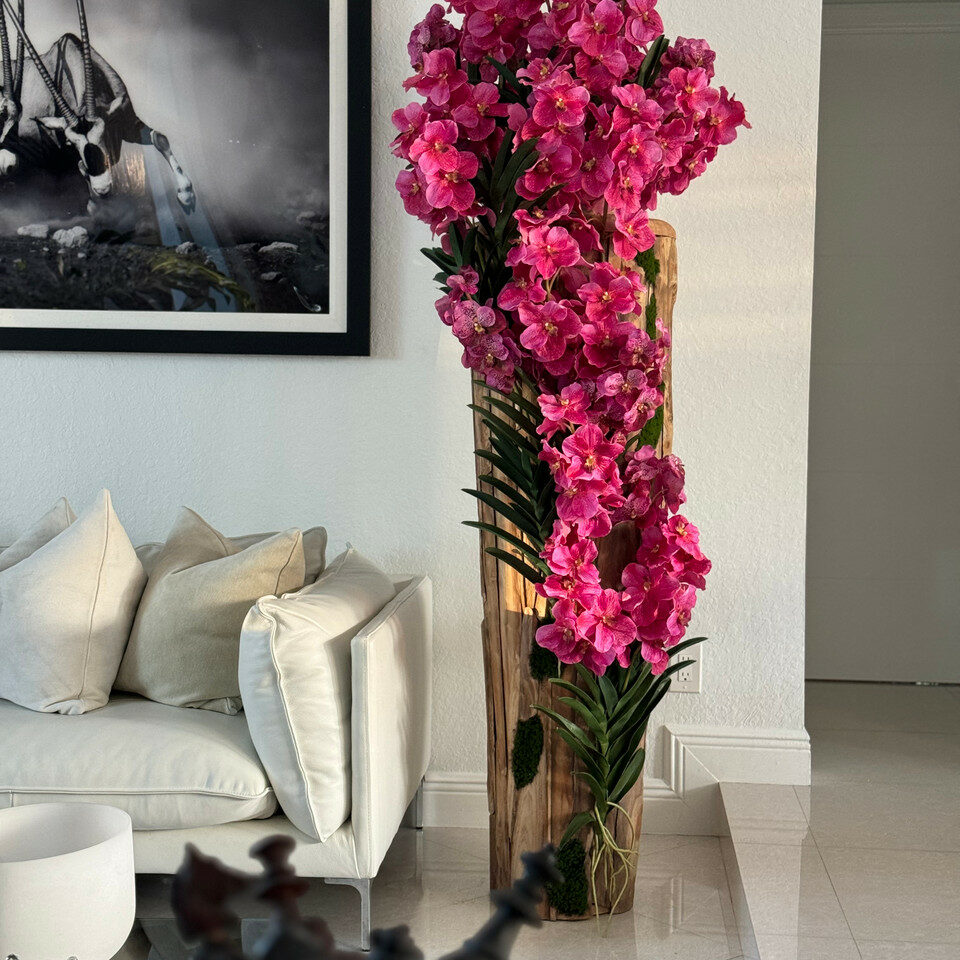 Large Live Edge Teak Vase with Vanda Orchids (White / Pink)