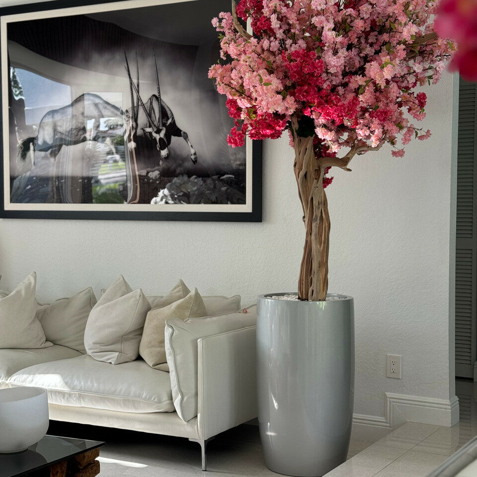 Premium Glossy Silver Lisbon Planter with Custom Tri-Color Pink Cherry Blossom Tree