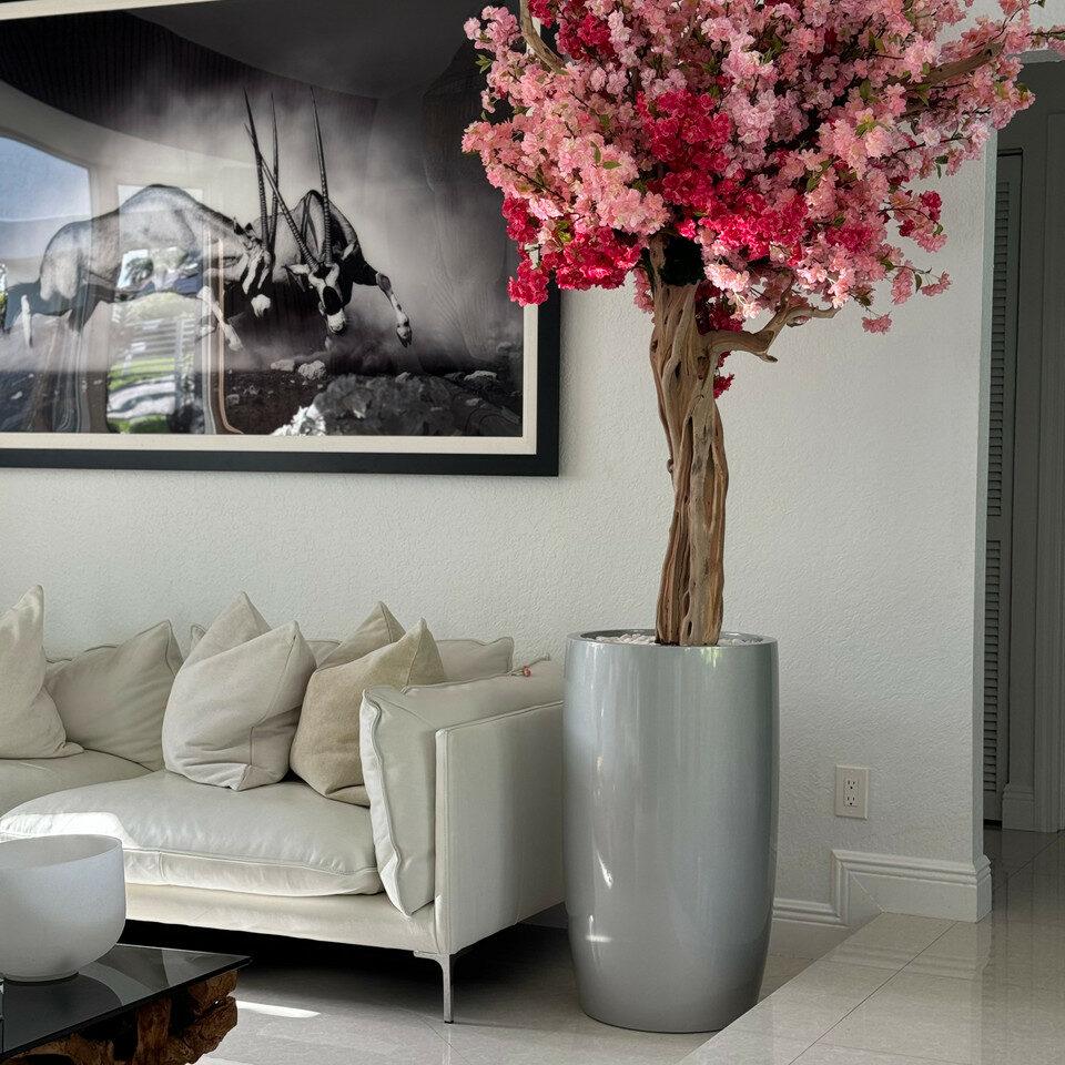 Premium Glossy Silver Lisbon Planter with Custom Tri-Color Pink Cherry Blossom Tree