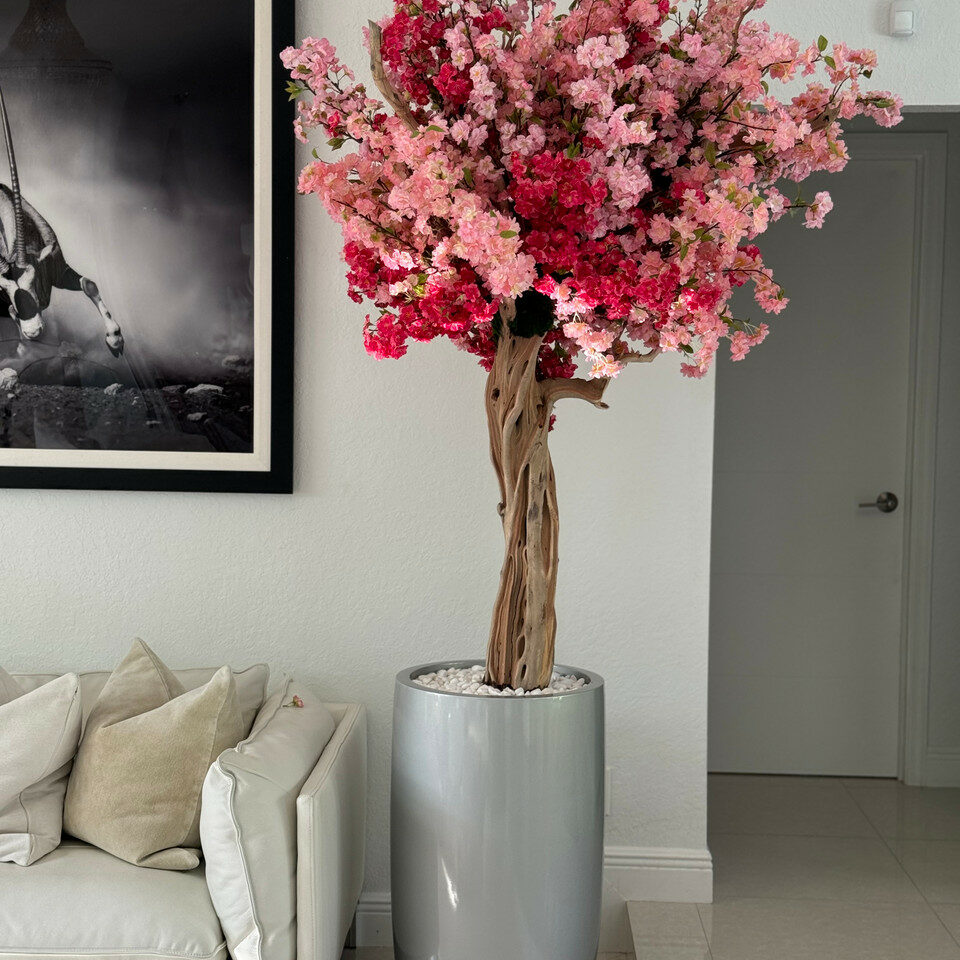 Premium Glossy Silver Lisbon Planter with Custom Tri-Color Pink Cherry Blossom Tree