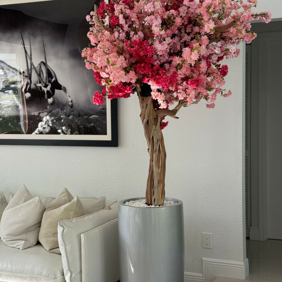 Premium Glossy Silver Lisbon Planter with Custom Tri-Color Pink Cherry Blossom Tree