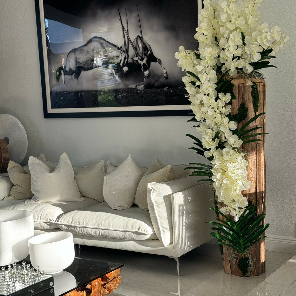 Large Live Edge Teak Vase with Vanda Orchids (White / Pink)