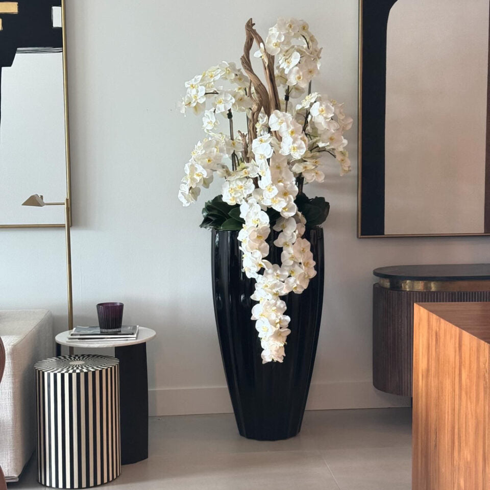 San Jose Planter in ⚪ Beige or ⚫ Black with Cascading White Orchids