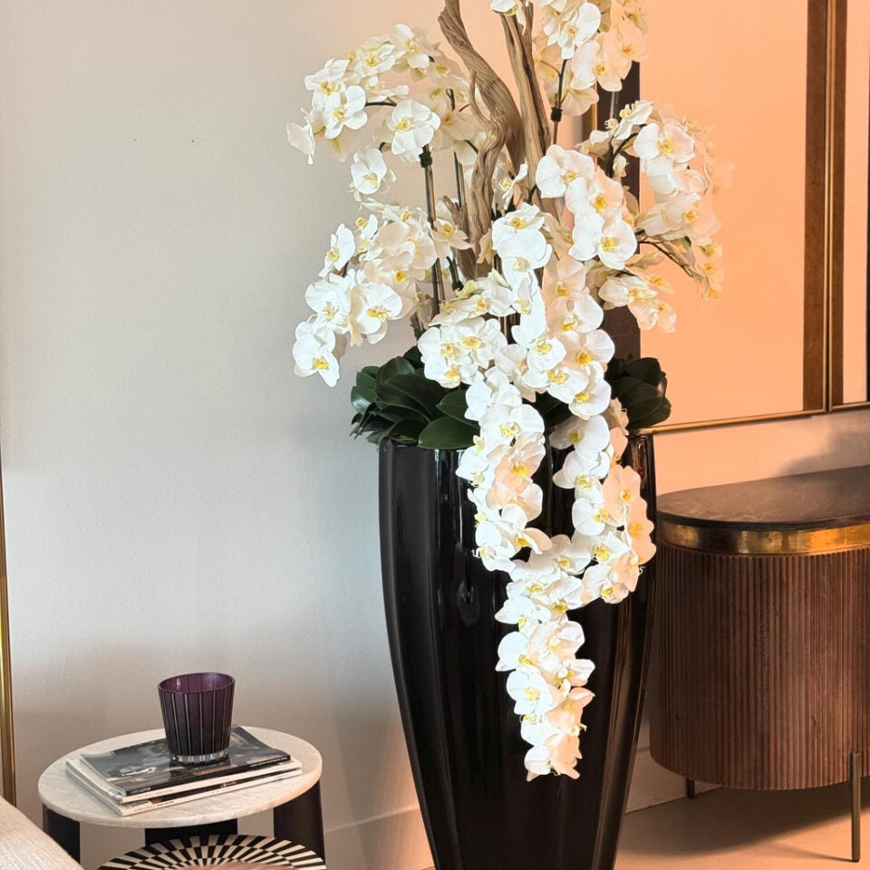 San Jose Planter in ⚪ Beige or ⚫ Black with Cascading White Orchids