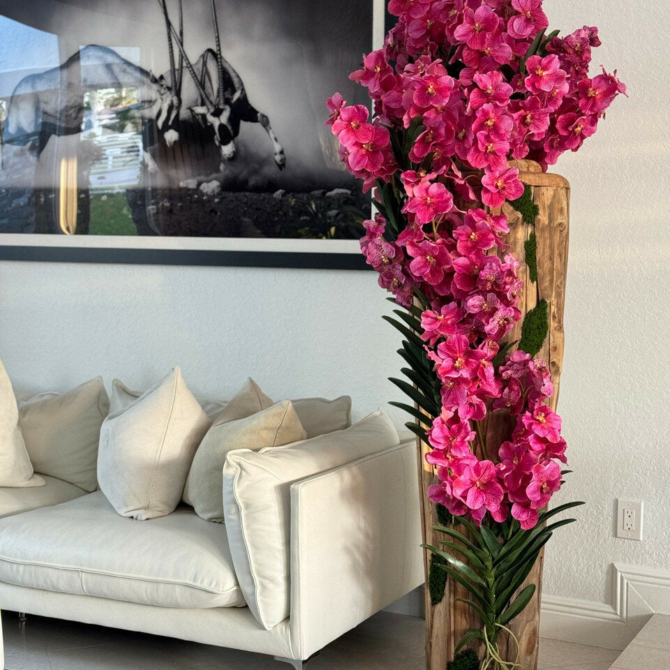 Large Live Edge Teak Vase with Vanda Orchids (White / Pink)