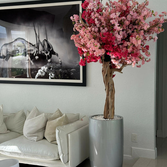 Premium Glossy Silver Lisbon Planter with Custom Tri-Color Pink Cherry Blossom Tree