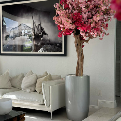 Premium Glossy Silver Lisbon Planter with Custom Tri-Color Pink Cherry Blossom Tree