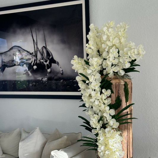 Large Live Edge Teak Vase with Vanda Orchids (White / Pink)